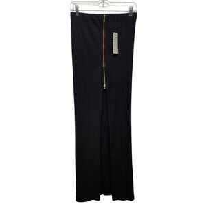 Haute Monde Black Ribbed Midi Skirt Front  Zipper Detail Adjustable Slit Size M